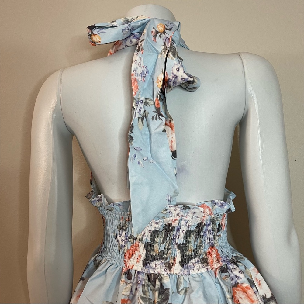 Light blue floral print halter neck deep V-neck ruffle scalloped hem mini dress - Picture 5 of 12